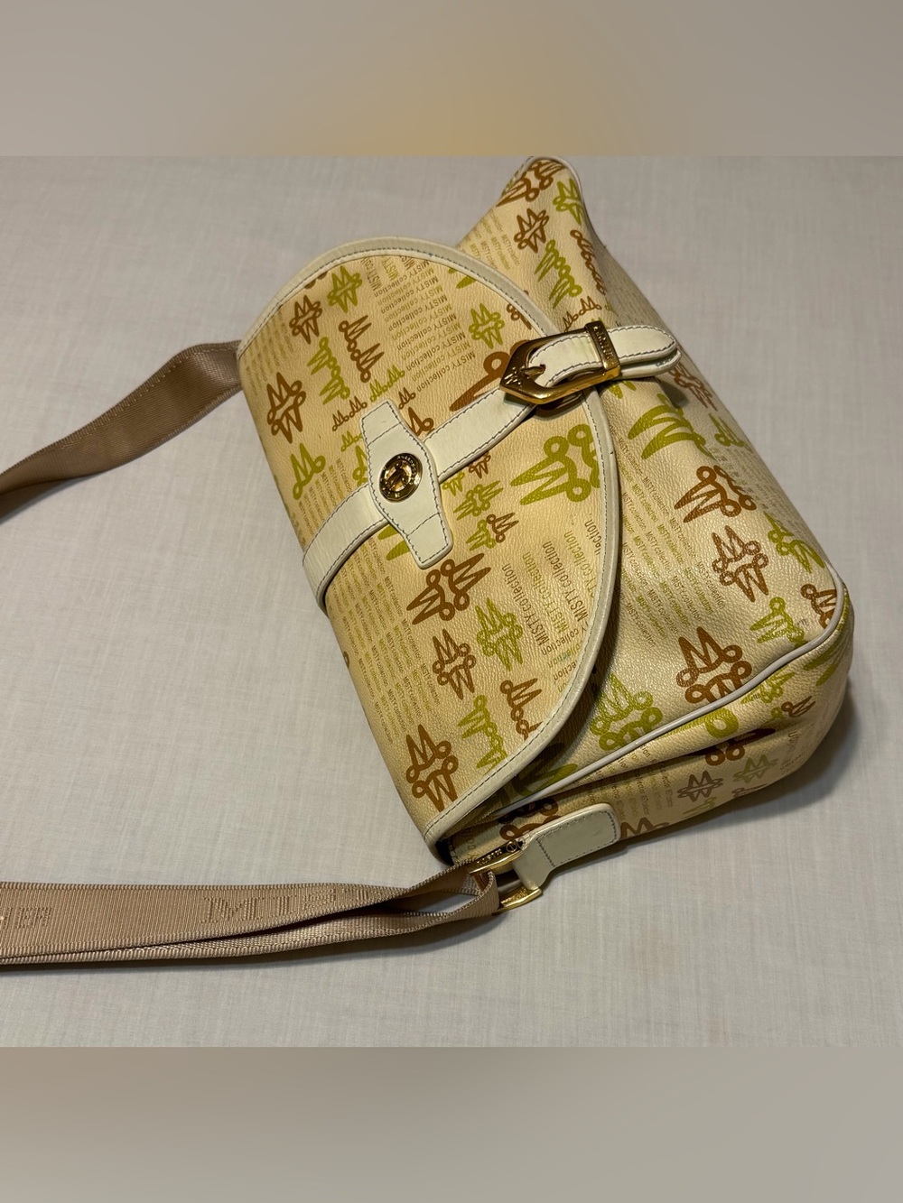 Misty Collection USA Cream and Tan Signature Pattern Crossbody Bag